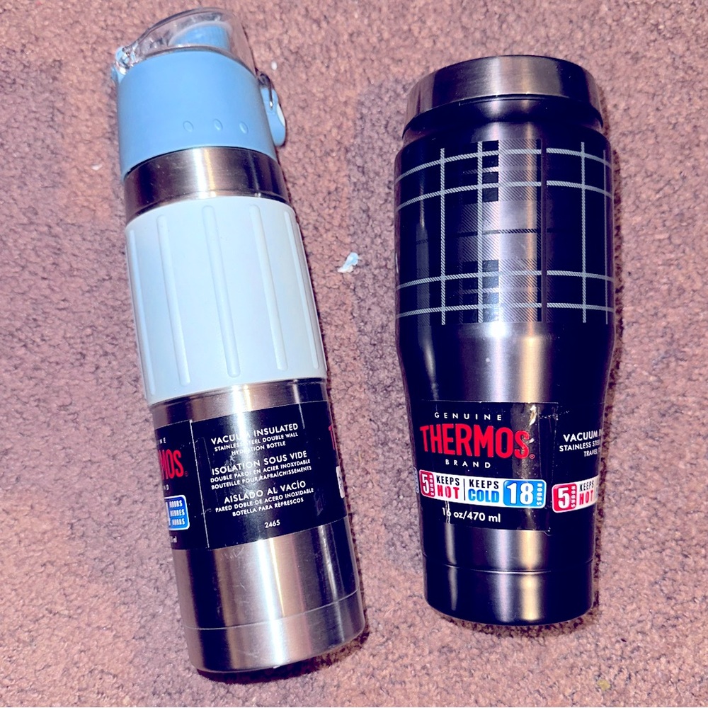 NWT Thermos Blue Gray Travel Stainless Steel Tumbler Bundle Set of 2